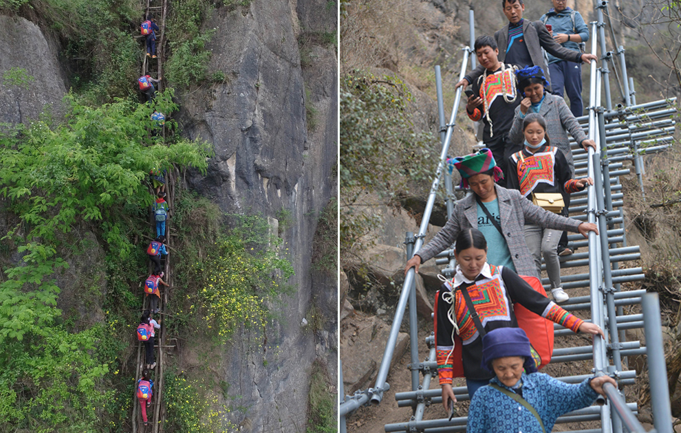 “懸崖村”今昔對(duì)比：左圖為2016年5月14日，孩子們?cè)诩议L(zhǎng)保護(hù)下攀爬木梯回家。右圖為2020年5月13日，昭覺(jué)縣支爾莫鄉(xiāng)阿土列爾村村民帶著行李通過(guò)鋼梯下山，搬遷至易地扶貧集中安置點(diǎn)的新家。